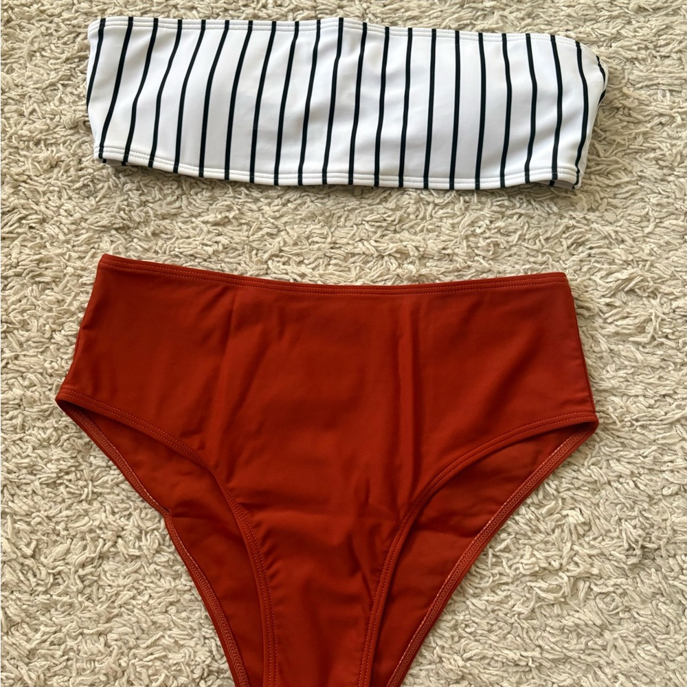 SHEIN Black and White Striped Bikini with Red Bottoms
